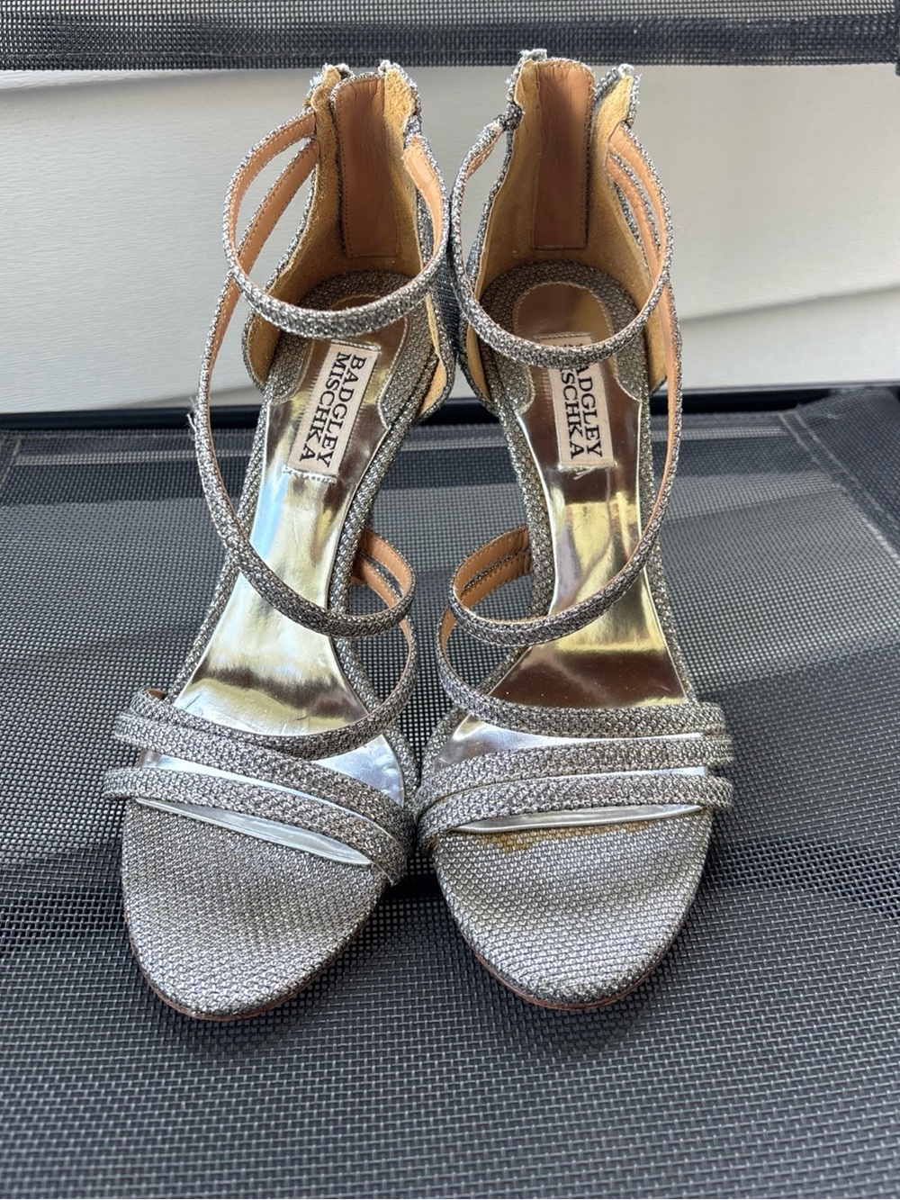 BADGLEY MISCHKA Metallic Silver Strappy Open-Toe Platform Stiletto Heels 7.5